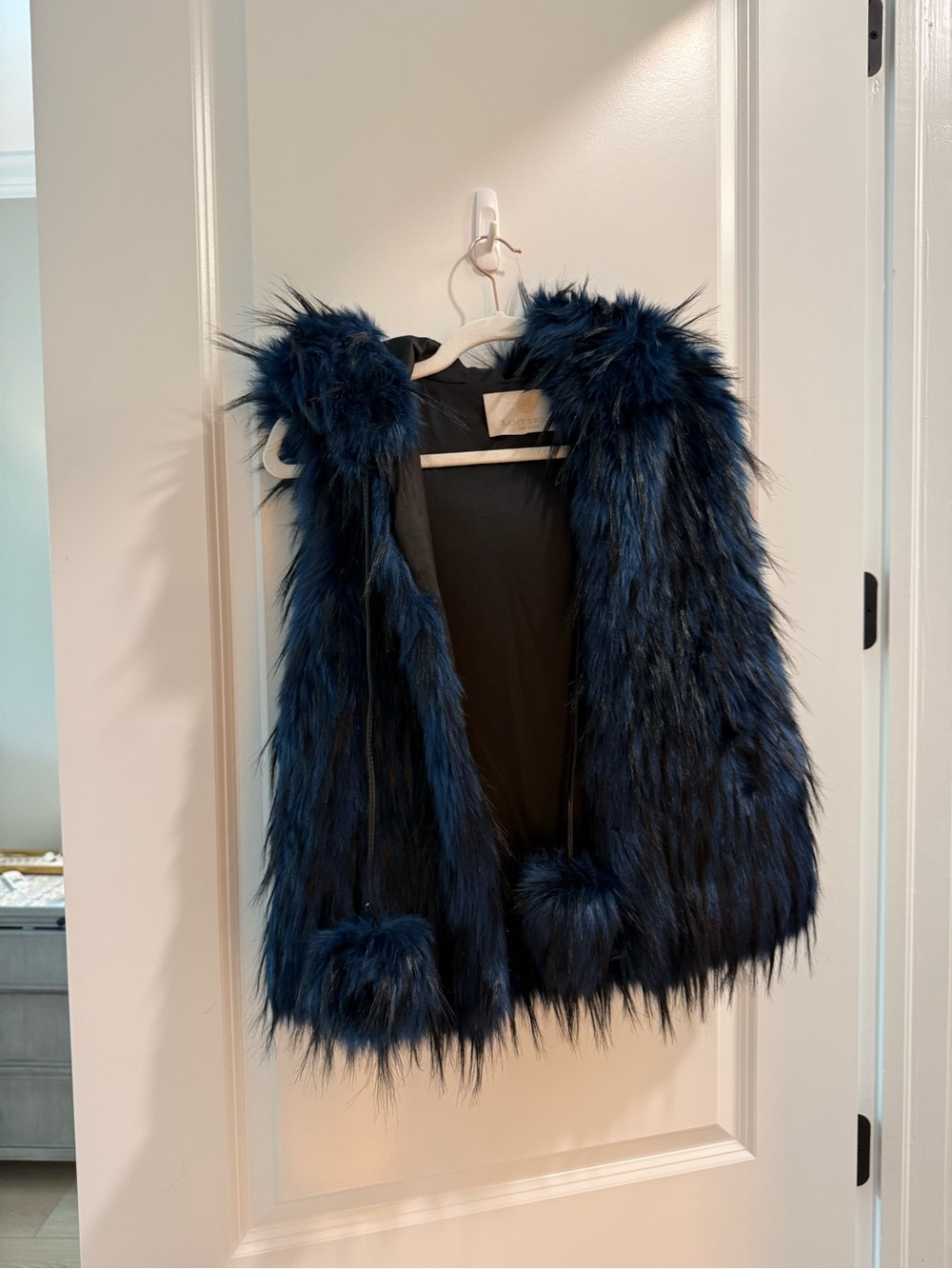 Ramy Brook Navy & Black Faux Fur Hooded Vest with Pom-Tie Detail